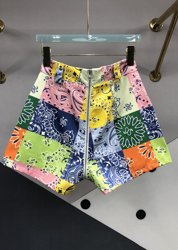 Style Colorblock Zip Up Print Pockets Patchwork Denim Shorts Summer