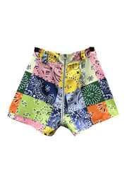 Style Colorblock Zip Up Print Pockets Patchwork Denim Shorts Summer