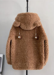 Style Cute Coffee Zippered Wool Hoodie Coat Winter