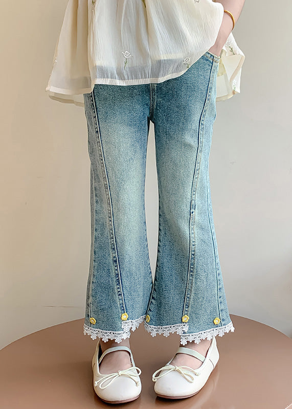 Style Denim Blue High Waist Patchwork Kids Crop Flared Pants Spring