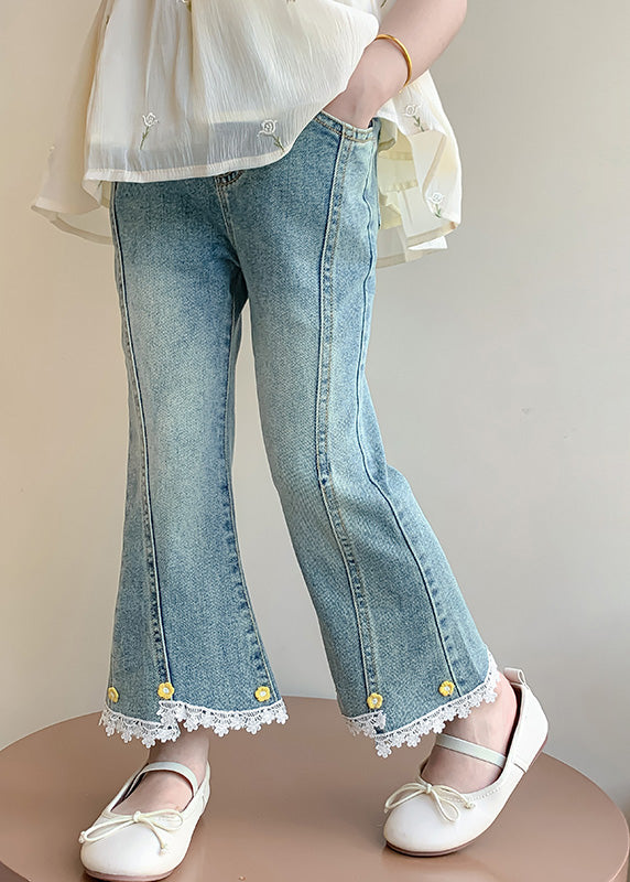 Style Denim Blue High Waist Patchwork Kids Crop Flared Pants Spring