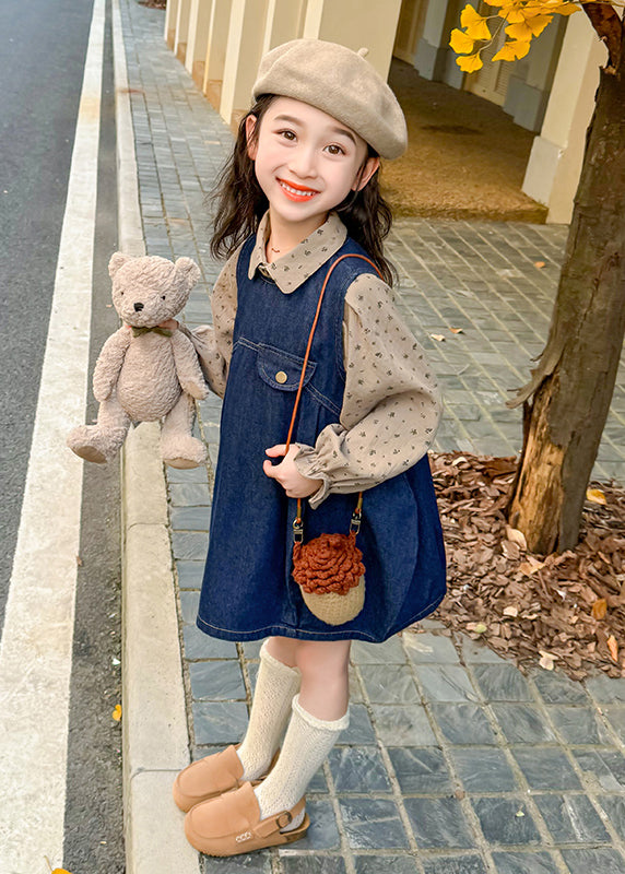 Style Denim Blue Print Patchwork Kids Long Dresses Lantern Sleeve