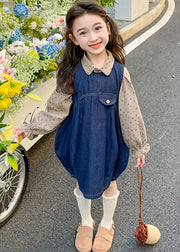 Style Denim Blue Print Patchwork Kids Long Dresses Lantern Sleeve