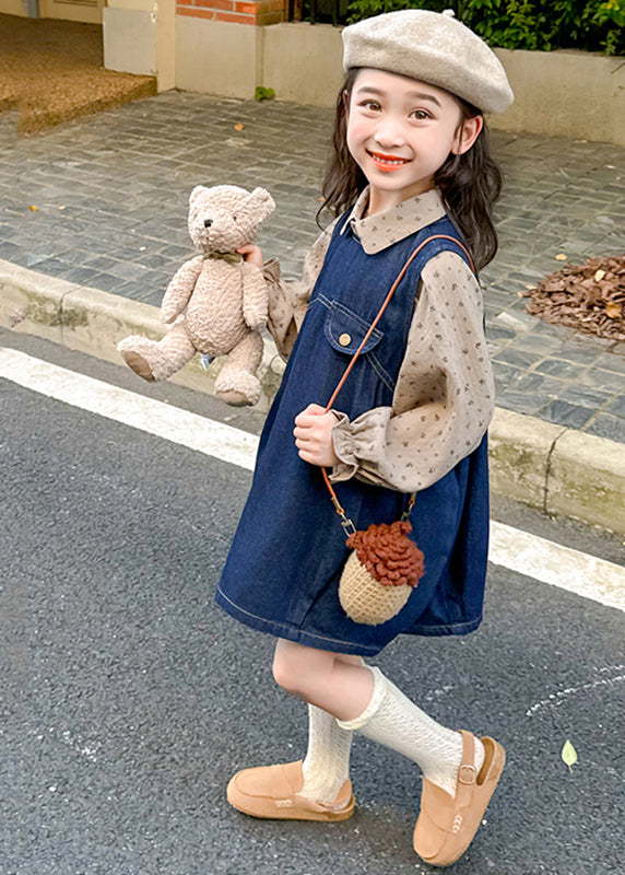 Style Denim Blue Print Patchwork Kids Long Dresses Lantern Sleeve