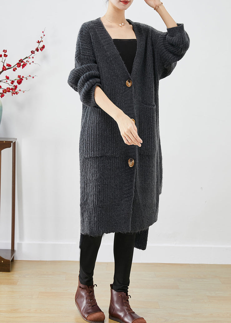 Style Dull Grey V Neck Pockets Knit Long Cardigan Fall