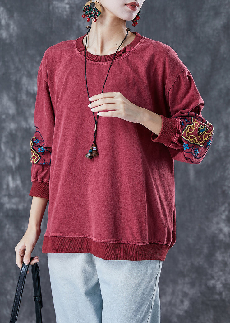 Style Dull Red Embroidered Cotton Loose Sweatshirts Top Fall