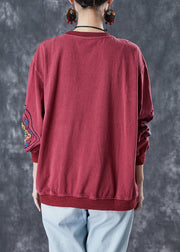 Style Dull Red Embroidered Cotton Loose Sweatshirts Top Fall