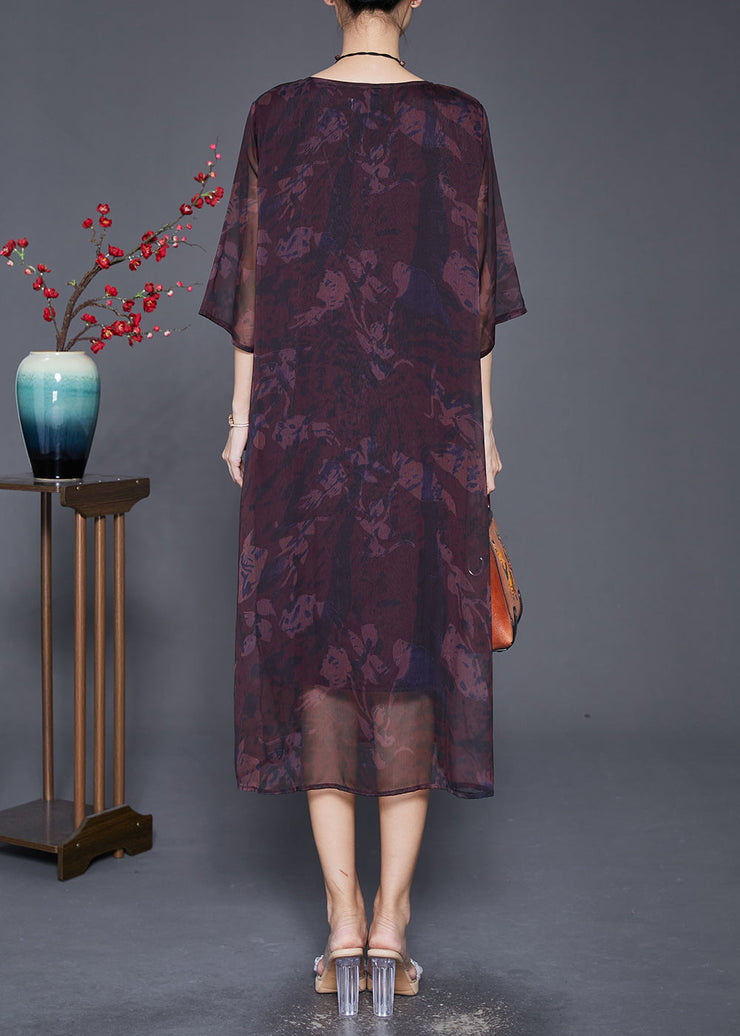 Style Dull Red Oversized Print Silk Dress Fall