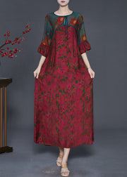 Style Dull Red Print Patchwork Silk Long Dress Flare Sleeve