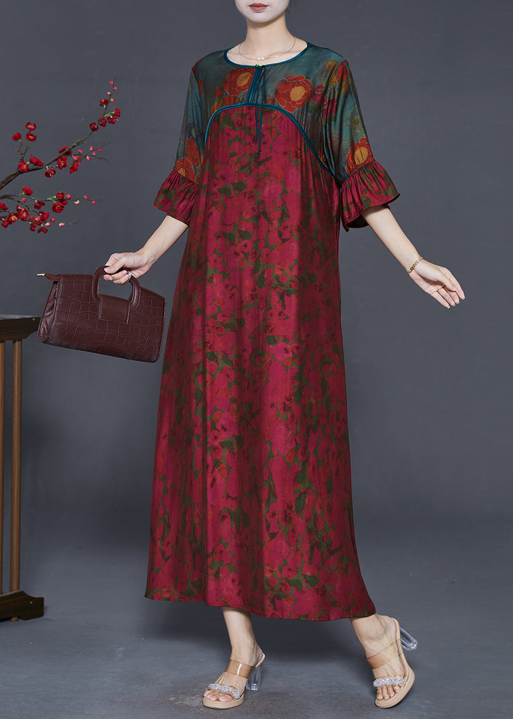 Style Dull Red Print Patchwork Silk Long Dress Flare Sleeve