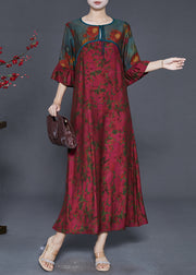 Style Dull Red Print Patchwork Silk Long Dress Flare Sleeve