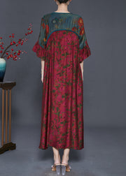 Style Dull Red Print Patchwork Silk Long Dress Flare Sleeve