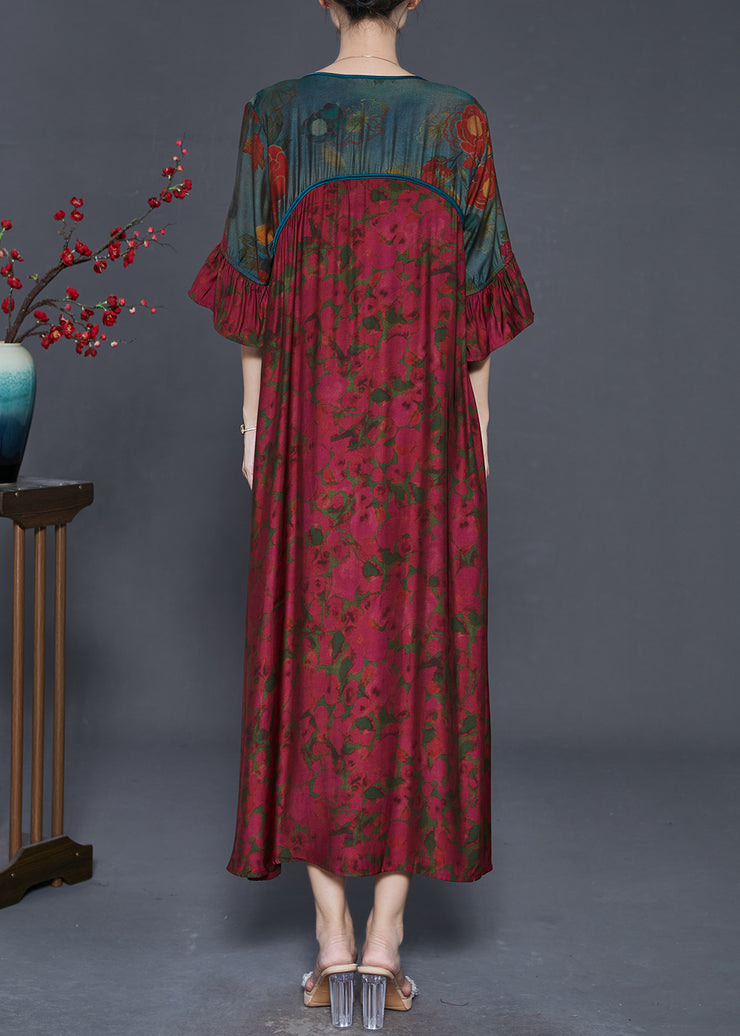 Style Dull Red Print Patchwork Silk Long Dress Flare Sleeve