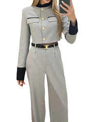 Style Elegant Grey Tops And Pants Cotton Two Pieces Set Fall