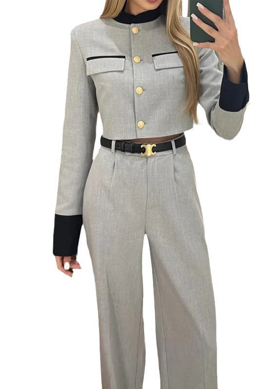 Style Elegant Grey Tops And Pants Cotton Two Pieces Set Fall