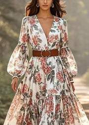 Style Floral Print Exra Large Hem Cotton Party Dress Lantern Sleeve