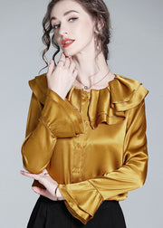 Style Gold Ruffled Patchwork Button Silk Shirt Flare Sleeve