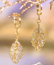 Style Gold Sterling Silver Inlaid Zircon Leaf Drop Earrings