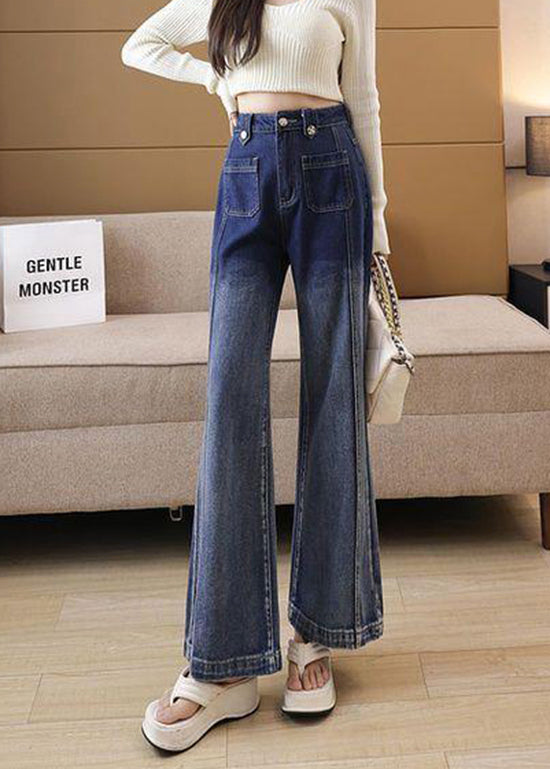 Style Gradient Blue Pockets Patchwork Denim Flared Trousers Spring