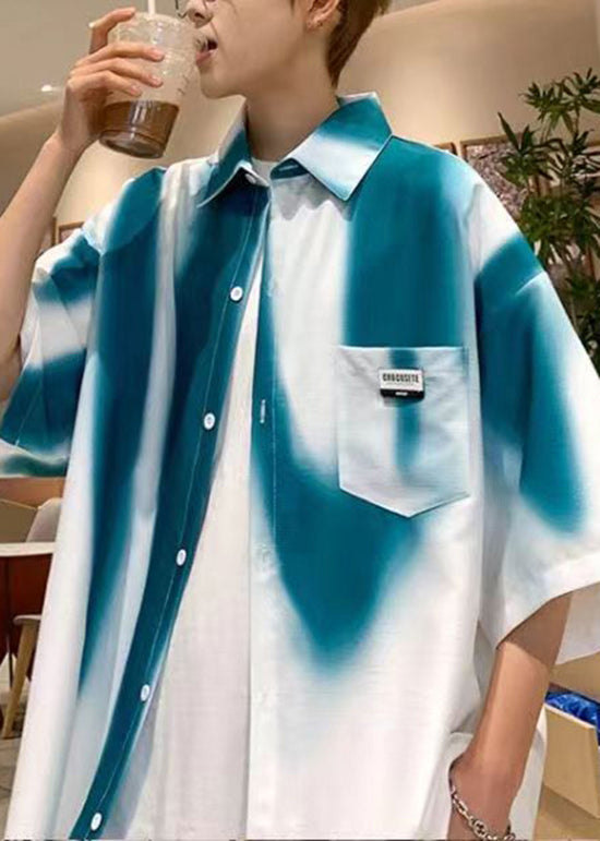 Style Gradient Green Tie Dye Loose Mens Shirts Summer