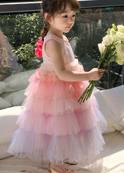 Style Gradient Pink O Neck Ruffled Patchwork Tulle Baby Girls Dresses Sleeveless