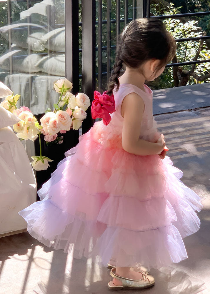 Style Gradient Pink O Neck Ruffled Patchwork Tulle Baby Girls Dresses Sleeveless