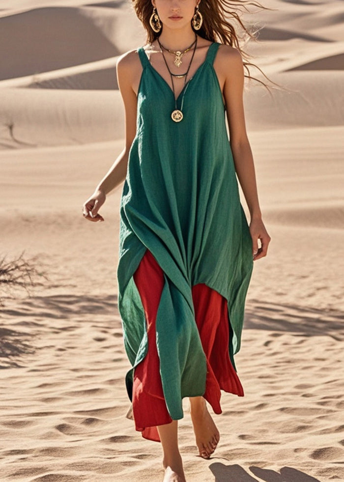 Style Green Asymmetrical Patchwork Cotton Cami Dress Summer