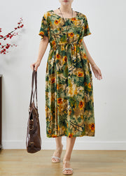 Style Green Cinched Print Cotton Ankle Dress Summer