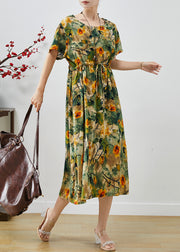 Style Green Cinched Print Cotton Ankle Dress Summer