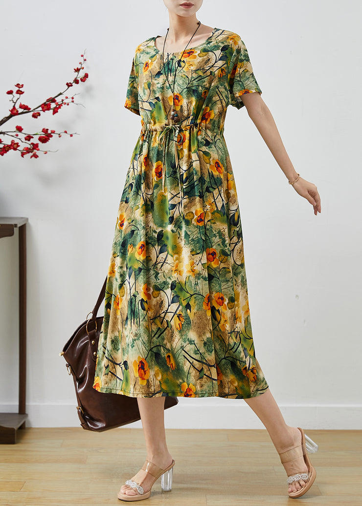 Style Green Cinched Print Cotton Ankle Dress Summer