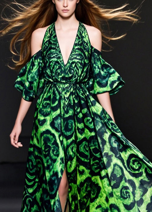 Style Green Cold Shoulder Print Side Open Chiffon Long Dresses Summer