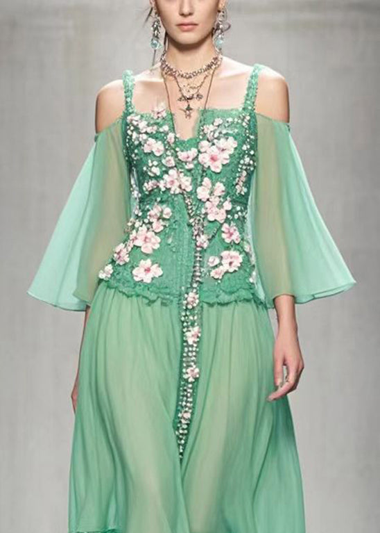 Style Green Cold Shoulder Three-dimensional Floral Chiffon Dress Summer