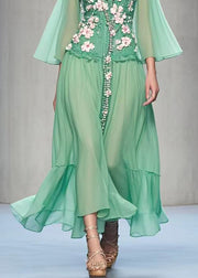 Style Green Cold Shoulder Three-dimensional Floral Chiffon Dress Summer