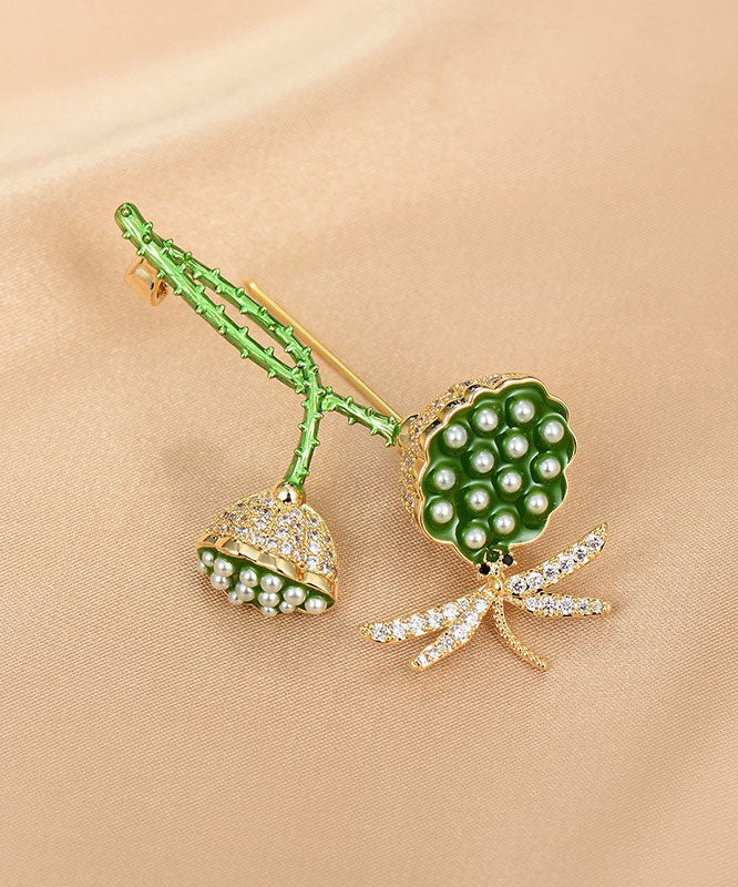 Style Green Copper Zircon Pearl Dragonfly Lotus Root Brooches