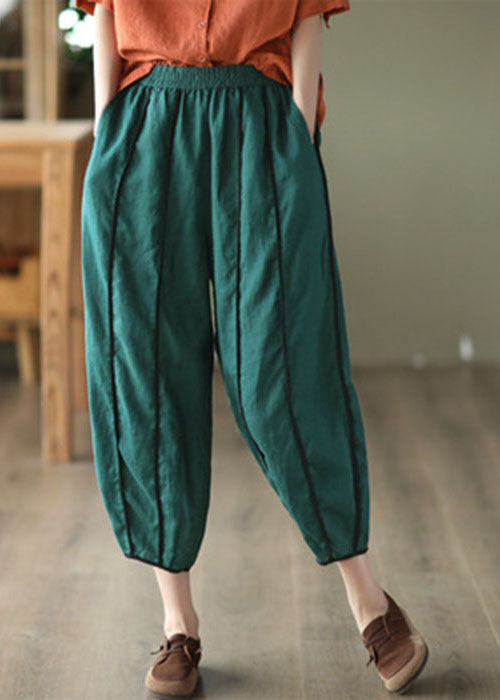 Style Green Elastic Waist Patchwork Pockets Linen Pants Summer