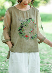 Style Green Embroidered Patchwork Hollow Out Linen Shirt Summer