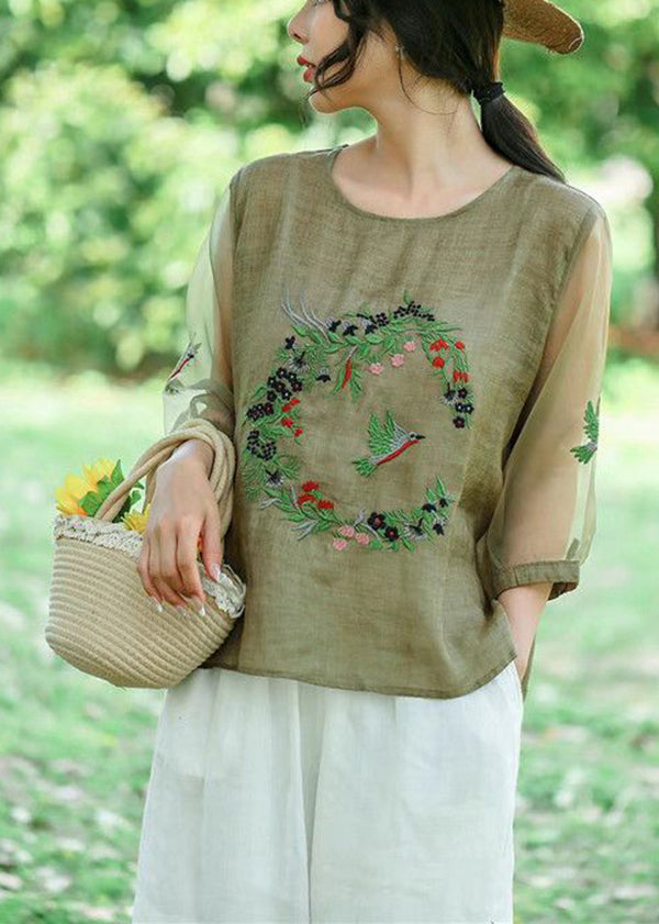 Style Green Embroideried Patchwork Hollow Out Linen Shirt Summer