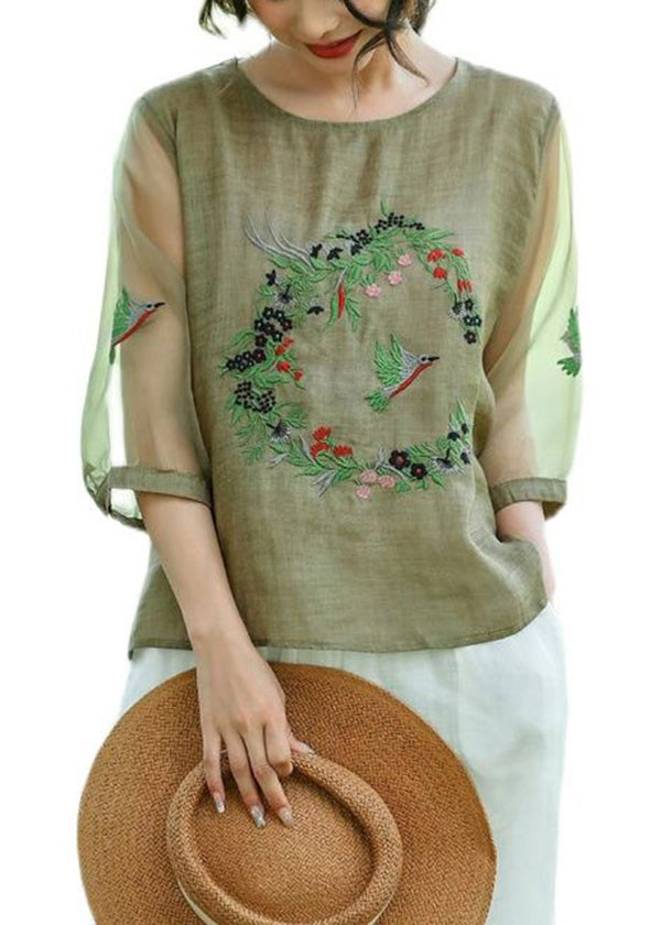 Style Green Embroidered Patchwork Hollow Out Linen Shirt Summer