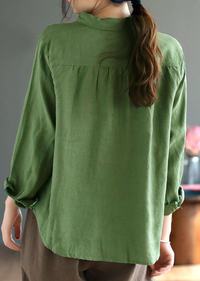 Style Green Embroideried Patchwork Linen Shirts Spring