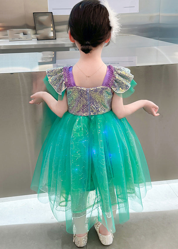 Style Green Embroideried Patchwork Nail Bead Tulle Kid Maxi Dress Short Sleeve