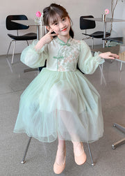 Style Green Embroideried Patchwork Tulle Kids Maxi Dresses Long Sleeve