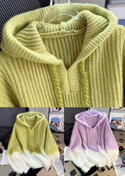 Style Green Hooded Patchwork Mink Hair Knitted Sweaters Winter