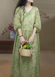 Style Green Lace Up Print Pockets Cotton Long Dress Bracelet Sleeve