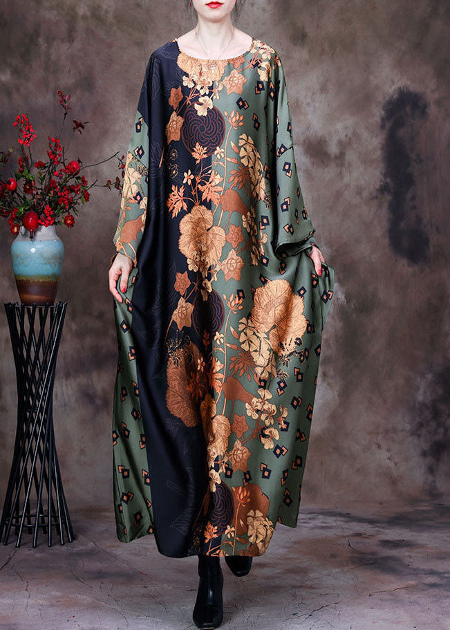 Style Green O-Neck Oversized Print Silk Vacation Dresses Batwing Sleeve