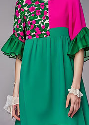 Style Green O Neck Patchwork Chiffon Mid Dress Butterfly Sleeve