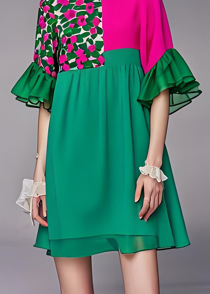 Style Green O Neck Patchwork Chiffon Mid Dress Butterfly Sleeve