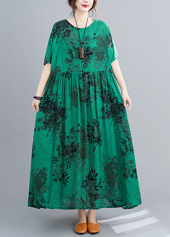 Style Green O-Neck Patchwork Maxi Dress Short Sleeve