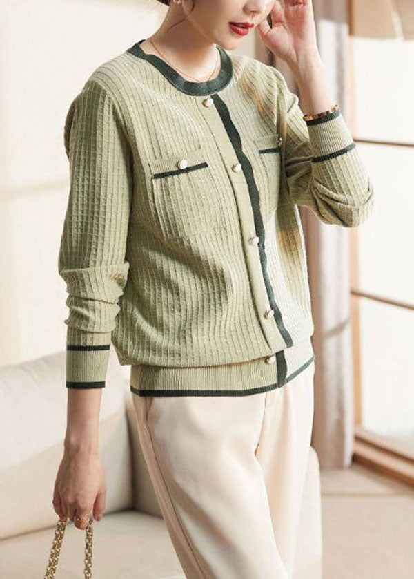 Style Green O-Neck Thick Patchwork Knit Sweater Long Sleeve