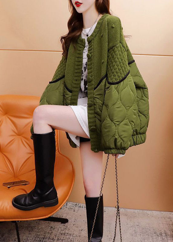 Style Green Oversized Cotton Filled Patchwork Knit Cardigan Winter