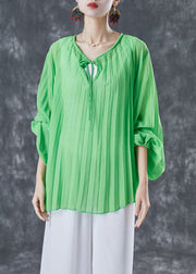 Style Green Oversized Wrinkled Lace Up Chiffon Blouse Top Lantern Sleeve